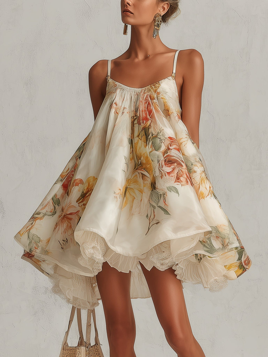 Liliana - Vestito corto a linea A in organza beige con motivo floreale e bordo in pizzo