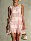 Carla - Vestido corto patchwork rosa claro en capas de chiffon plisado y satinado