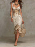 Ornella | Vestito midi beige arricciato con bordo in pizzo bohemien