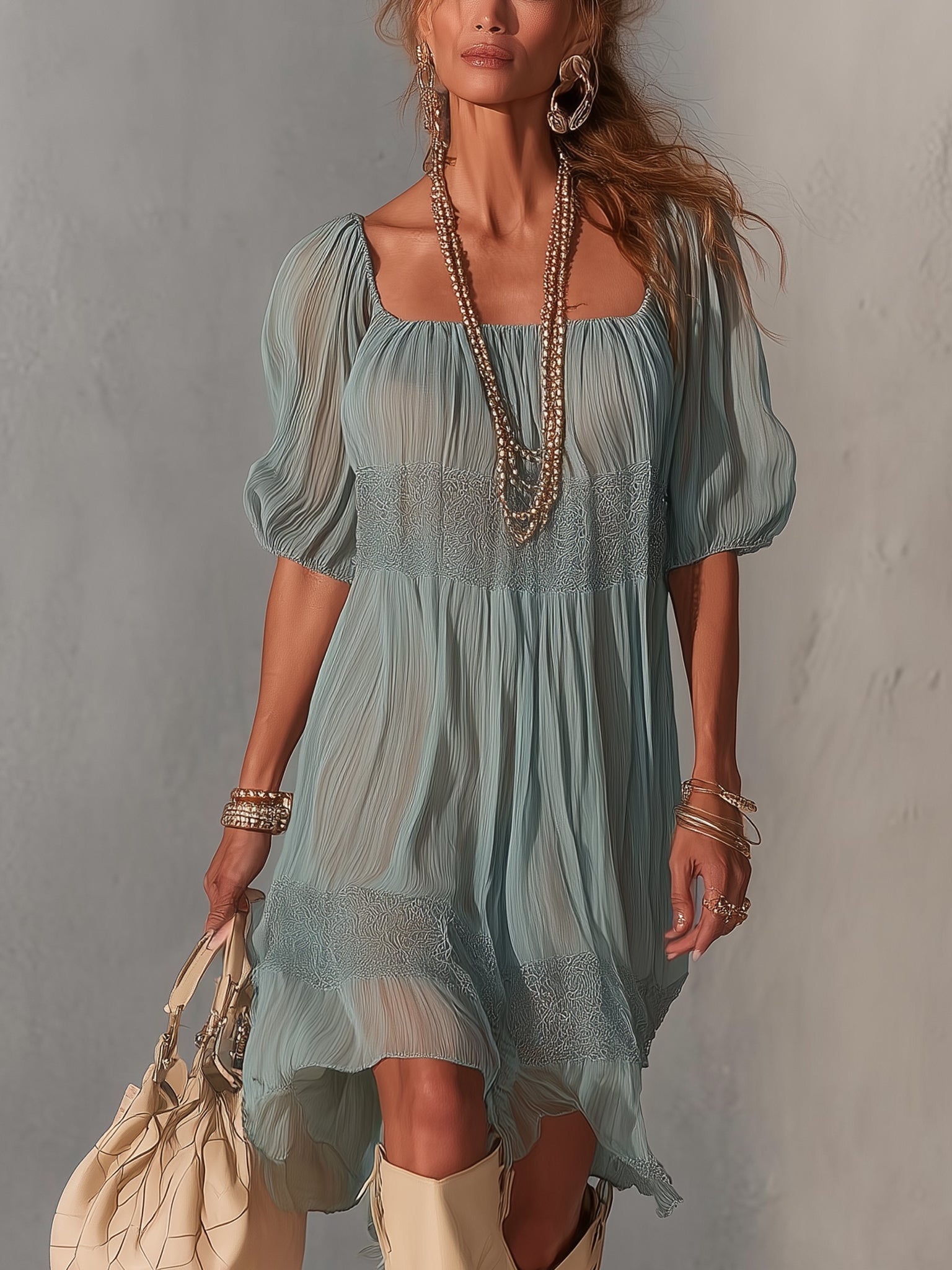 Lorena - Vestito midi blu in pizzo plissettato