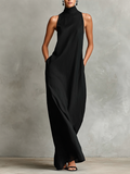 Bianca | Abito lungo nero in lino misto da donna con collo alto e tasche laterali, vestito casual minimalista intramontabile