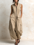 Elisabetta | Tuta senza maniche in twill di cotone beige con tasche cargo