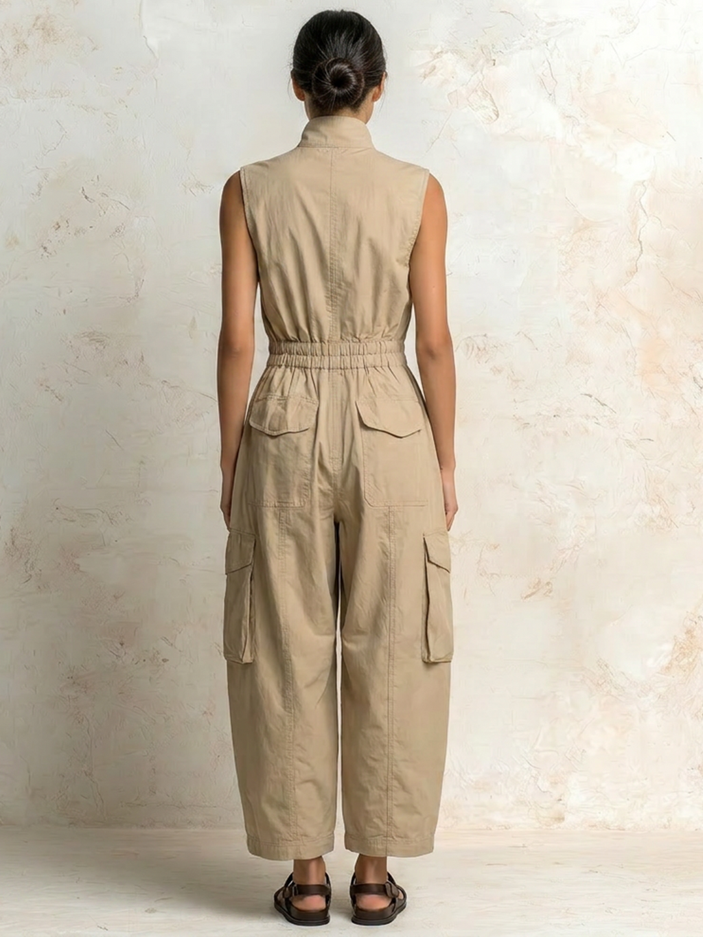 Elisabetta | Tuta senza maniche in twill di cotone beige con tasche cargo