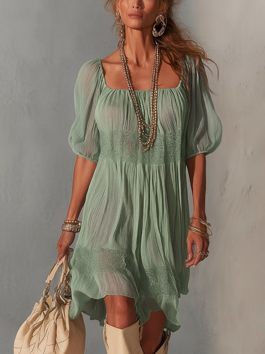 Lorena - Vestito midi blu in pizzo plissettato