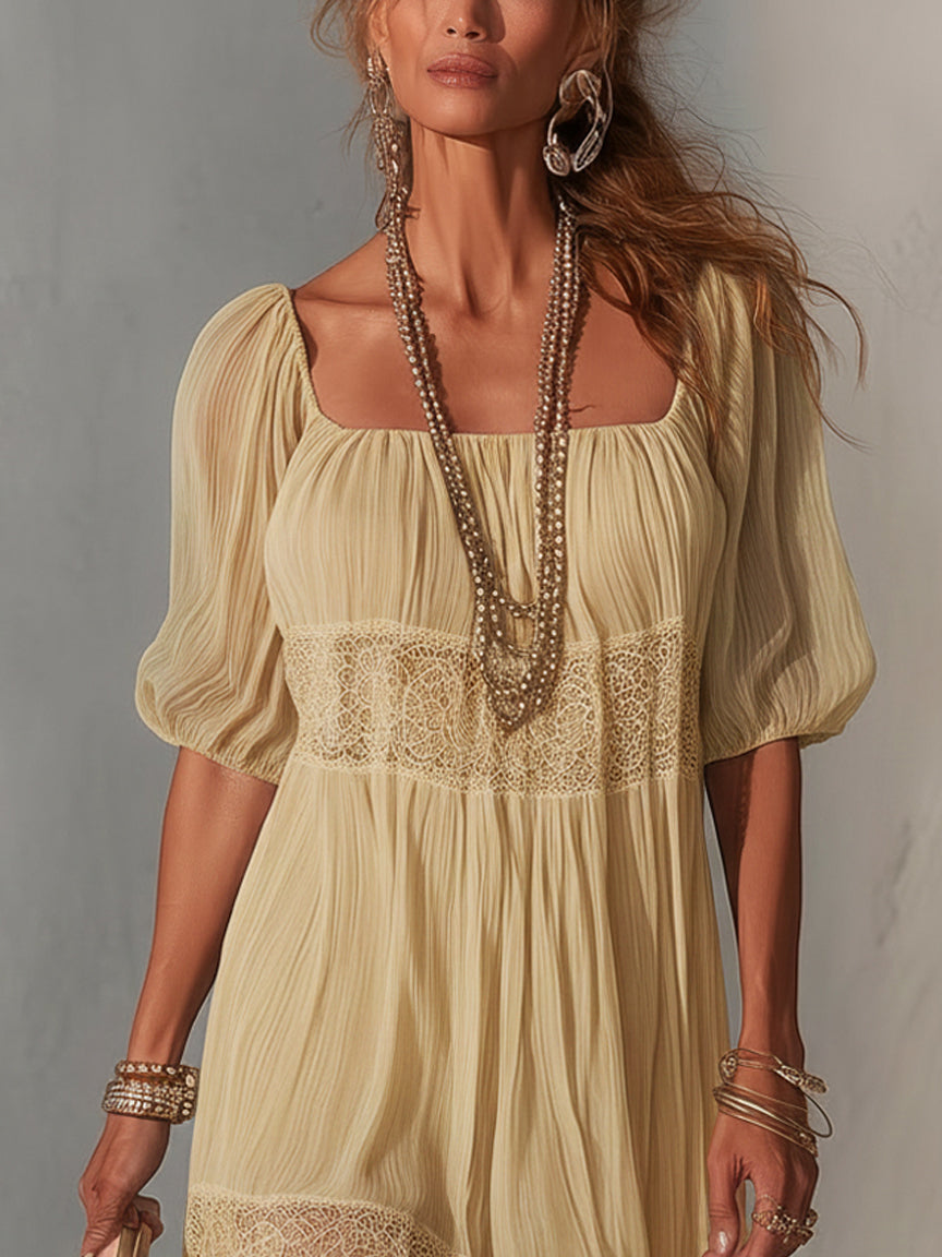 Lorena - Vestito midi blu in pizzo plissettato