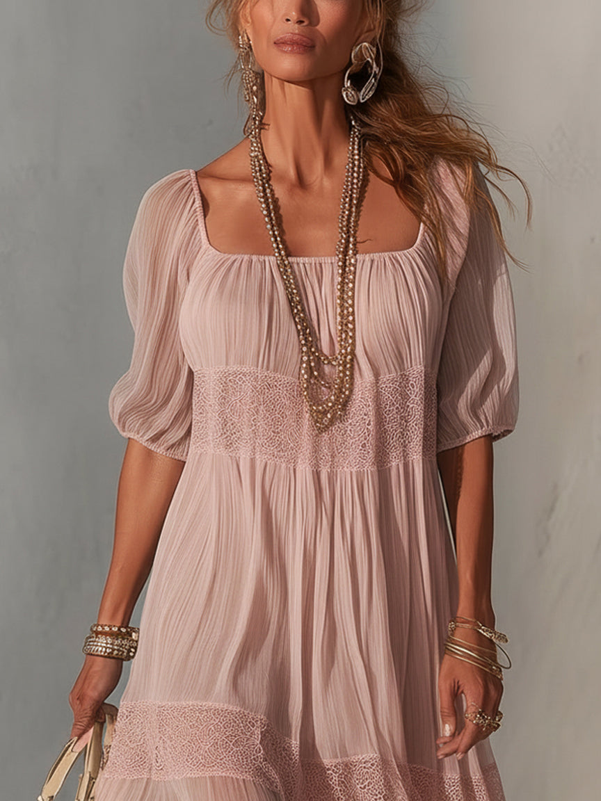 Lorena - Vestito midi blu in pizzo plissettato