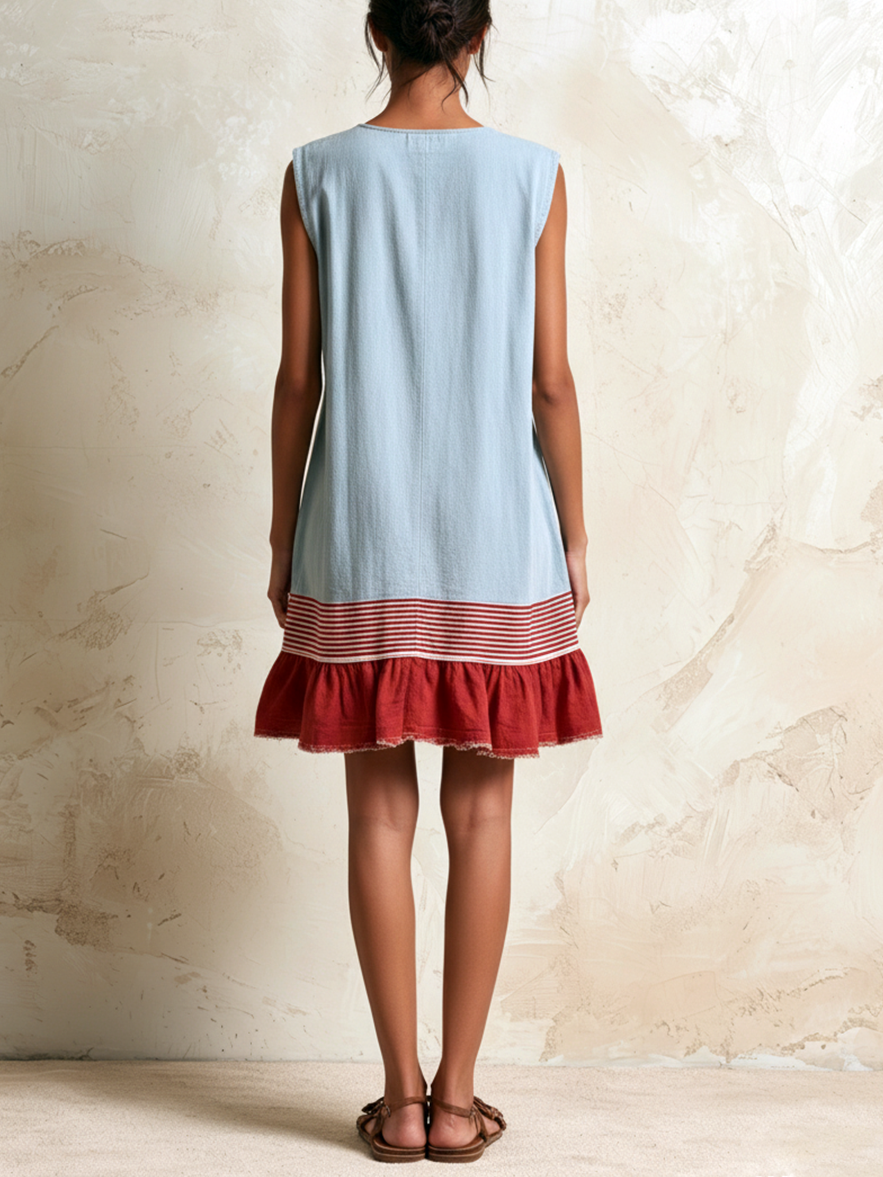 Amaya - Vestido túnica sin mangas azul claro con franja roja y dobladillo fruncido