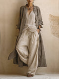 Donatella | Set da tre pezzi casual in lino e cotone: cardigan lungo, top senza maniche e pantaloni in stile bohemiano
