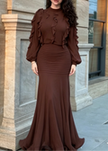 Patrizia | Top a maniche lunghe con volant marrone e gonna maxi a sirena a coste - set due pezzi