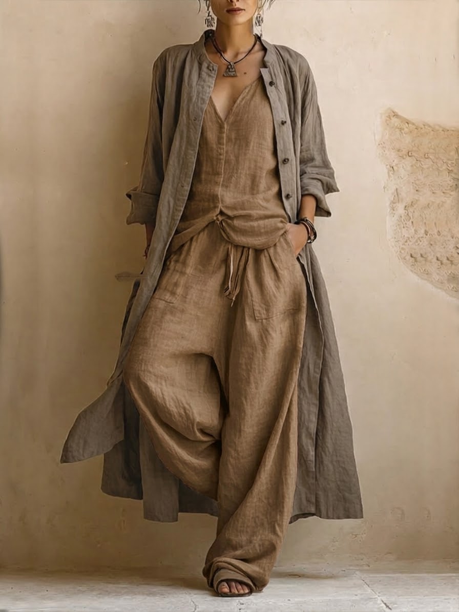 Donatella | Set da tre pezzi casual in lino e cotone: cardigan lungo, top senza maniche e pantaloni in stile bohemiano