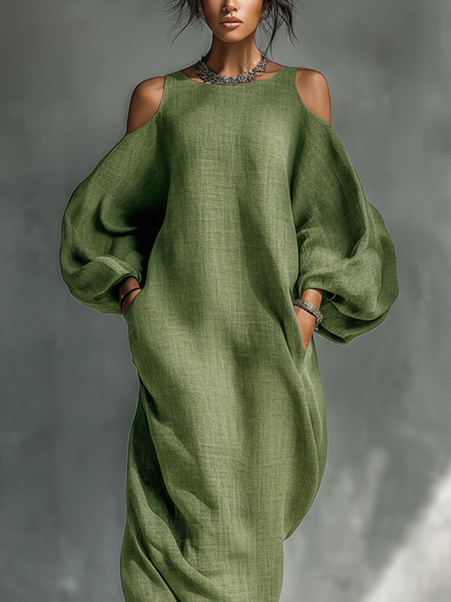 Aida | Vestito lungo verde chiaro da donna con spalle scoperte, maniche a sbuffo oversize e tasche laterali