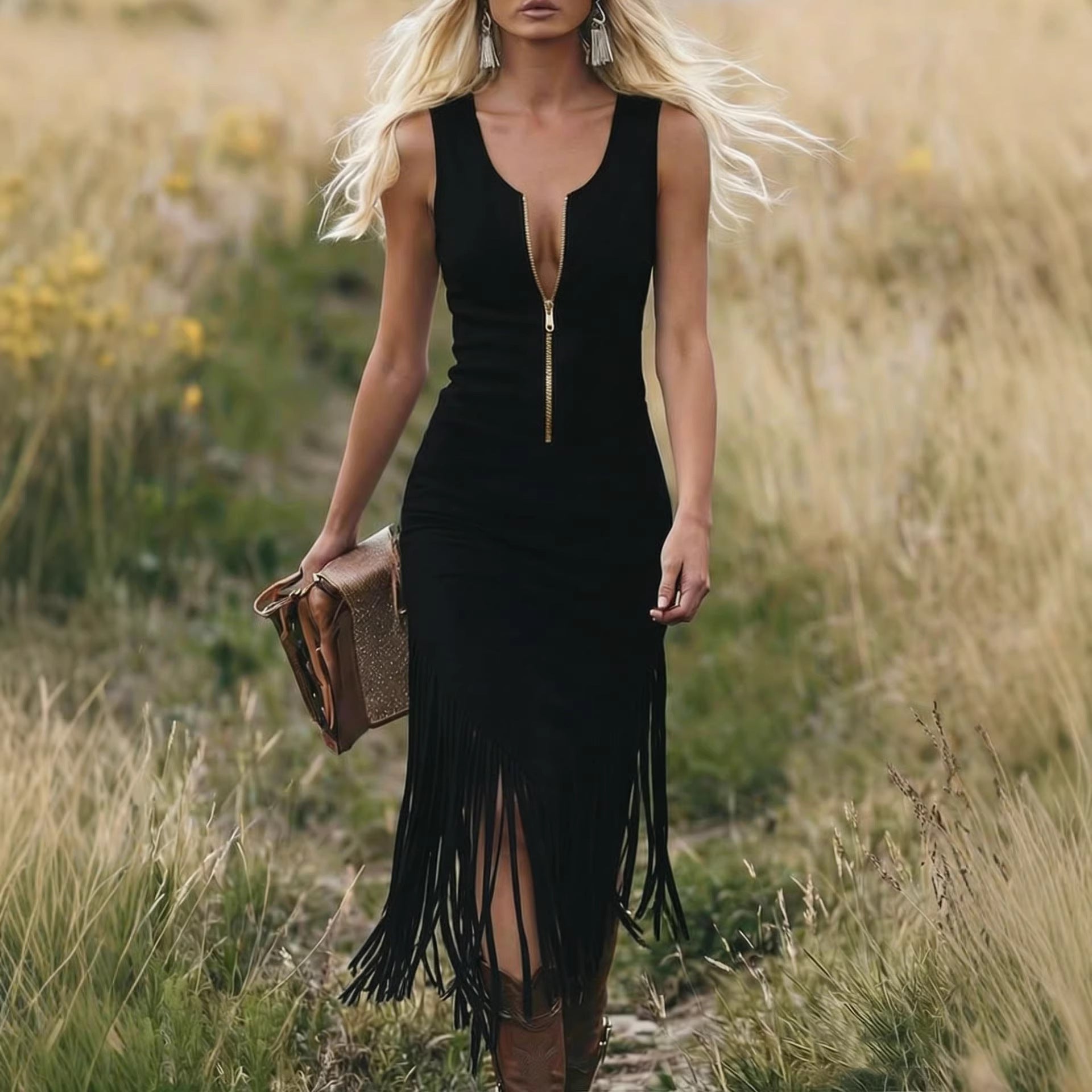 Fiorella | Vestido midi de ante con flecos: el estilo *Western chic* se une a un toque moderno.