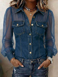 Camicetta da donna casual in denim patchwork con chiffon trasparente, tasca con bottone, maniche lunghe