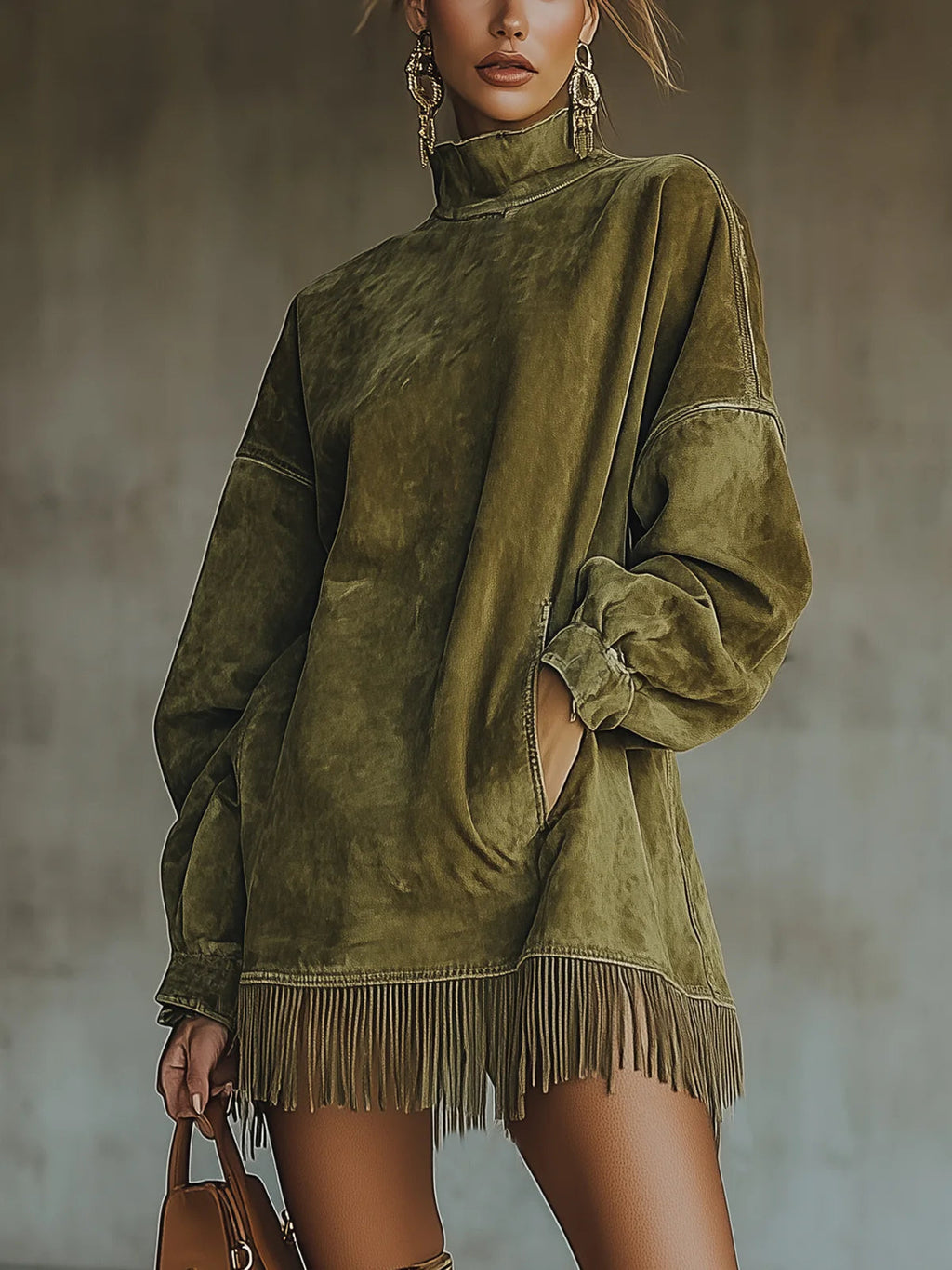Amalia ║ Vestido de ante con cuello alto y flecos