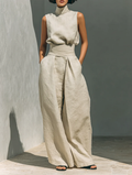 Aurora - Set composto da top senza maniche beige in misto cotone-lino finto e pantaloni a gamba larga