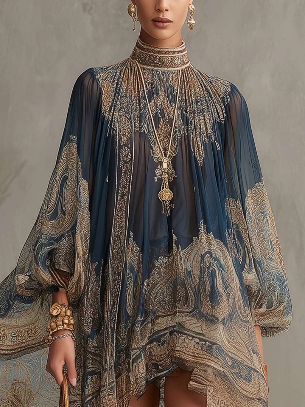 Sherazade | Vestito mini in chiffon blu navy con stampa barocca, colletto alto e orlo irregolare