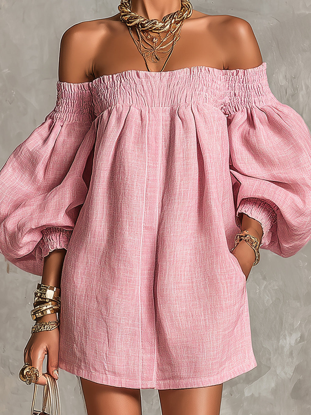 Alba - Vestito mini rosa con spalle scoperte, maniche a lanterna, taglio a-line, vestibilità ampia