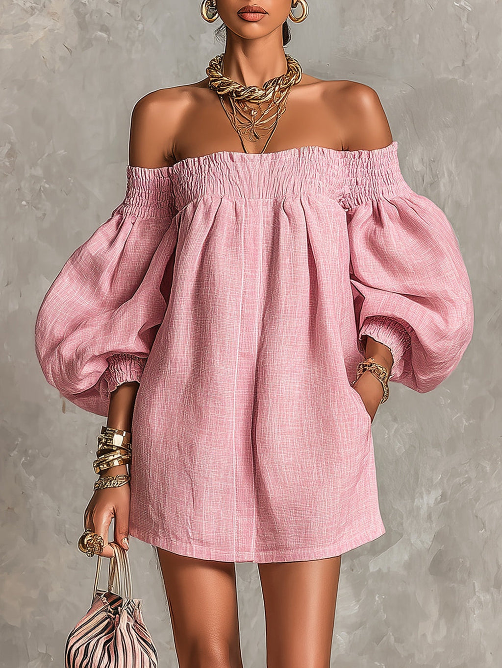 Alba | Vestito mini rosa con spalle scoperte, maniche a lanterna, taglio a-line, vestibilità ampia