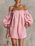 Alba | Vestito mini rosa con spalle scoperte, maniche a lanterna, taglio a-line, vestibilità ampia