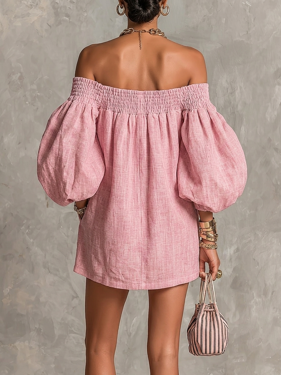 Alba - Vestito mini rosa con spalle scoperte, maniche a lanterna, taglio a-line, vestibilità ampia