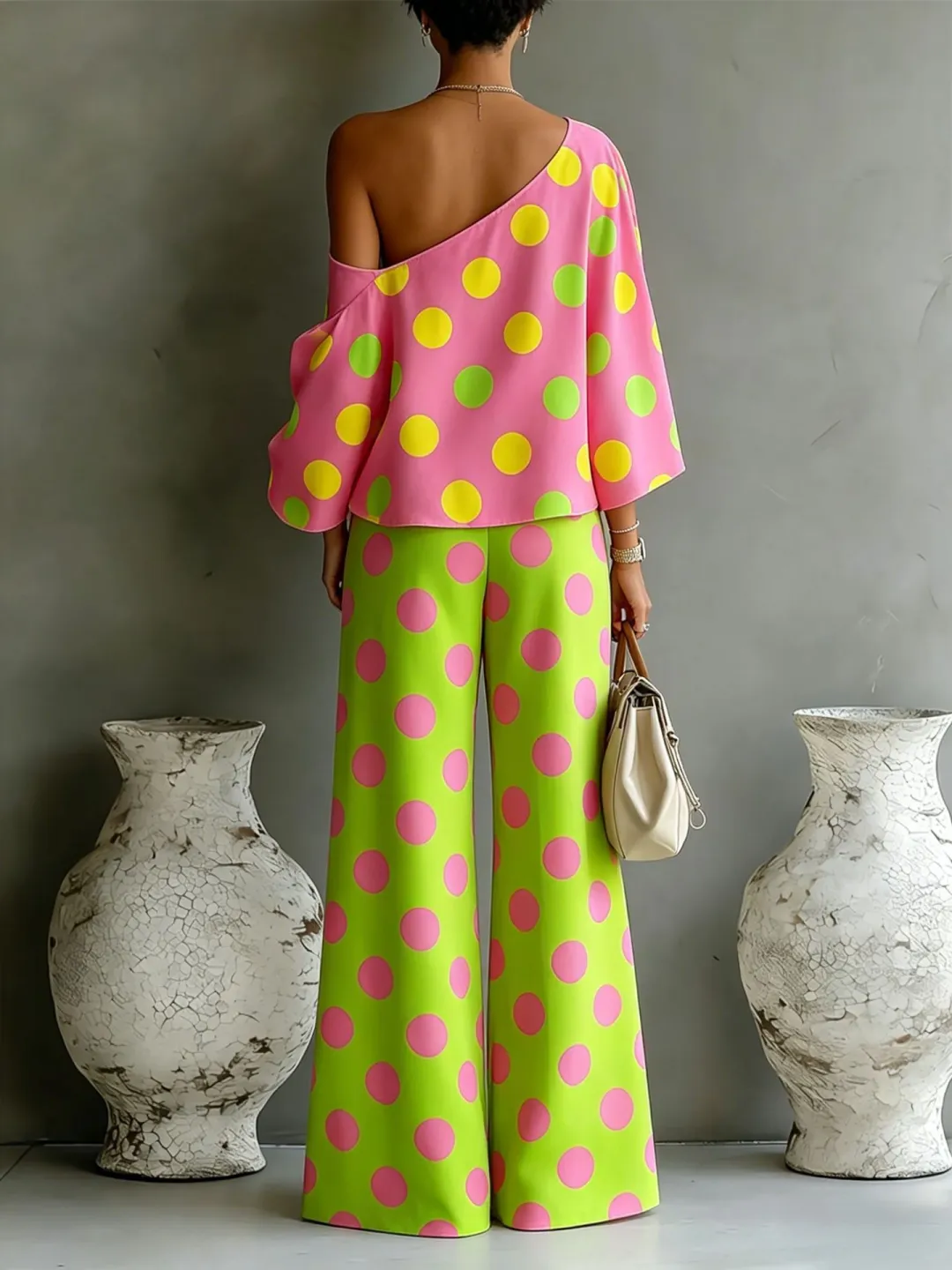 Rossana | Set di due pezzi con blusa senza spalle a pois colorati e pantaloni a gamba larga