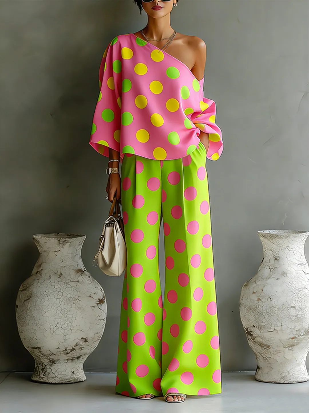 Rossana | Set di due pezzi con blusa senza spalle a pois colorati e pantaloni a gamba larga