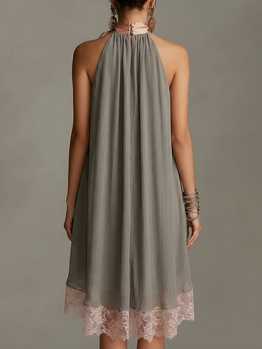 Natalia - Vestido mini gris de satén con cuello halter, lazo y ribete de encaje