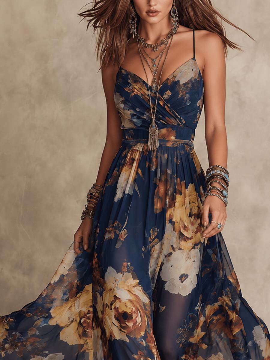 Rosaria | Vestito lungo blu navy in chiffon con stampa floreale e spalline sottili