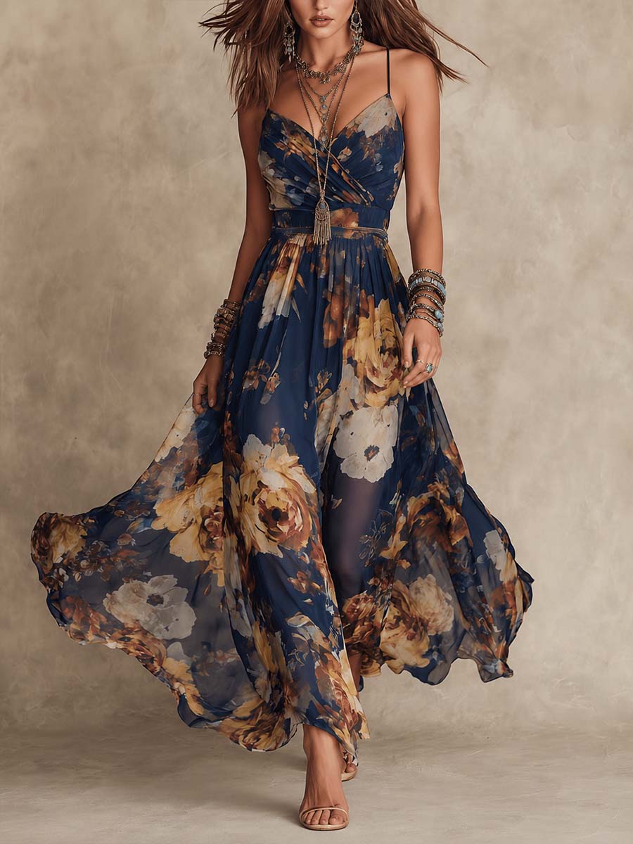 Rosaria | Vestito lungo blu navy in chiffon con stampa floreale e spalline sottili