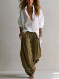 Alejandra | Conjunto de camisa blanca amplia y pantalones verdes de pierna ancha tipo linterna