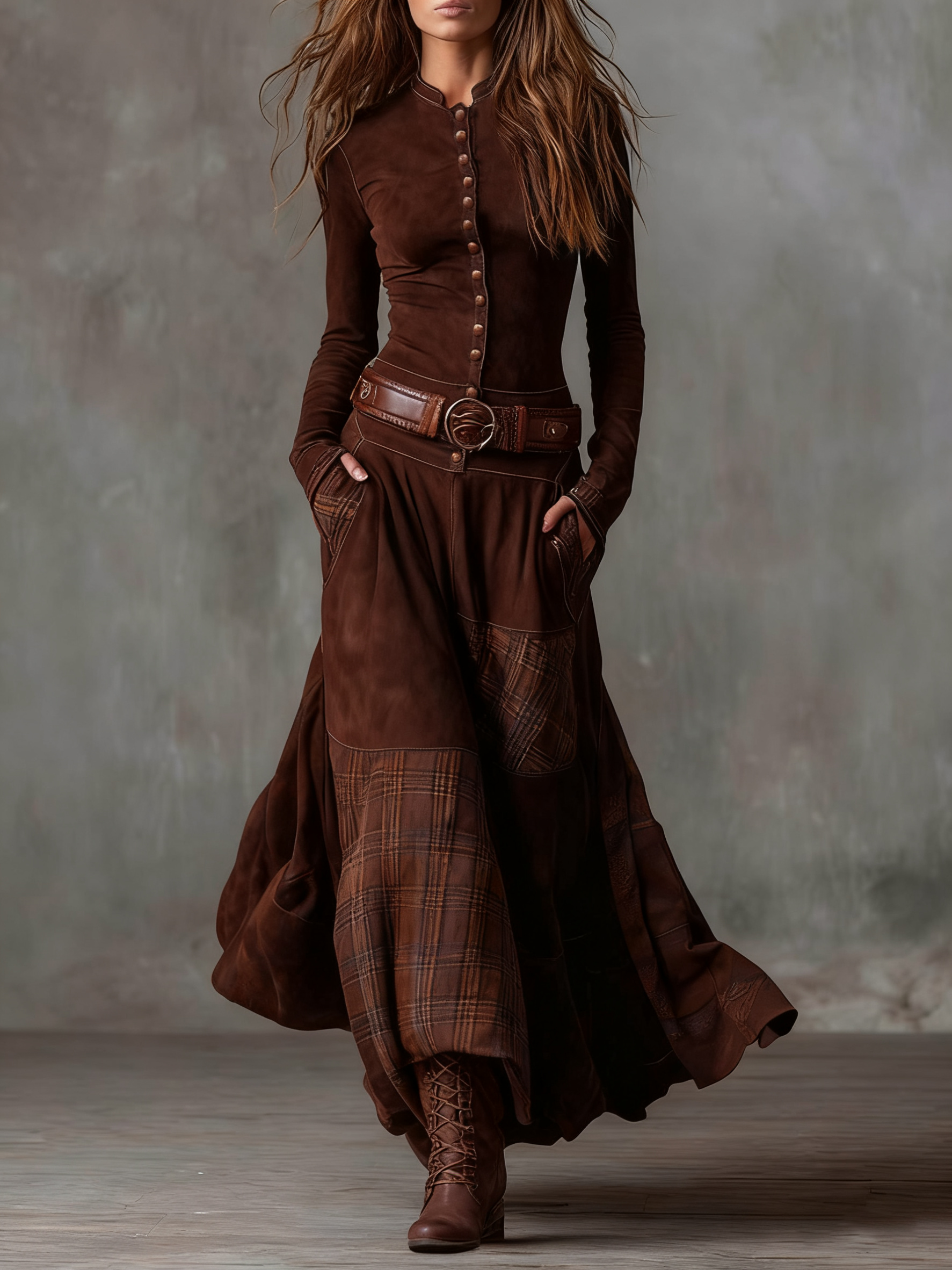 Azucena · Vestido maxi de ante con cinturón