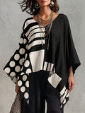 Top da donna in cotone-lino con stampa a pois e geometrica, scollo a V, maniche 3/4, informale e comodo