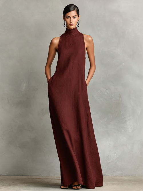 Bianca | Abito lungo nero in lino misto da donna con collo alto e tasche laterali, vestito casual minimalista intramontabile